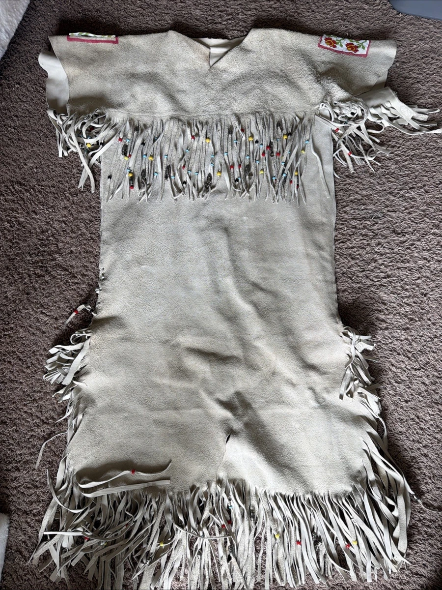 beaded buckskin dress for sale NATIVE AMERICAN CHEROKEE BEADED WOMANS BUCKSKIN BEADED 1930's DRESS   Triple A Antiques