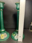 Tiffin Glass Emerald Satin 10" Candlesticks Uranium Glow Handpainted  Set of 2 — photo 9