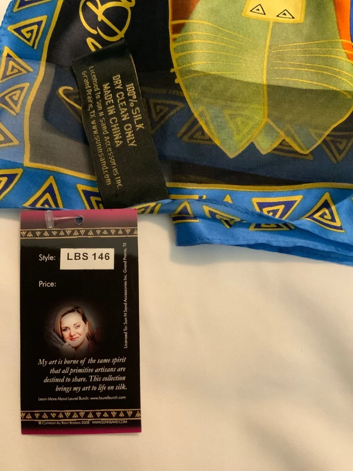 LAUREL BURCH 100% 真丝围巾全新带标签猫 54 英寸长 — 第 2/4 张图片