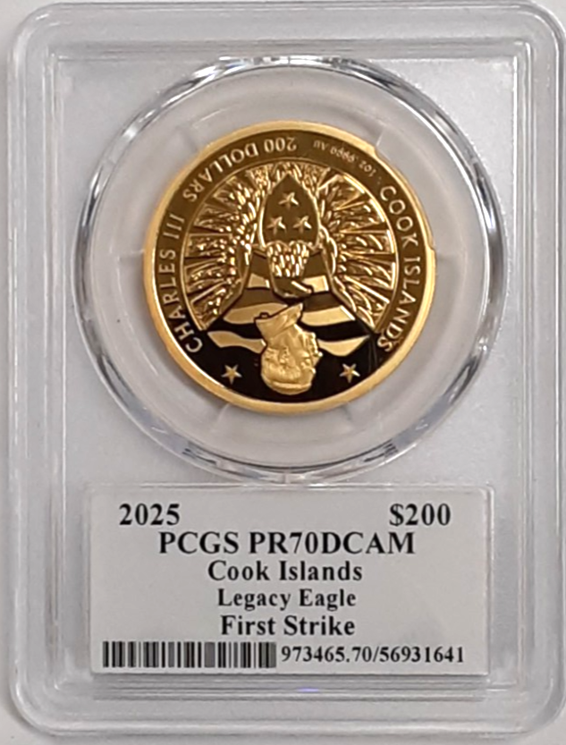 2025 Cook Islands $200 1 Oz Gold Legacy Eagle PCGS PR70DCAM 1st