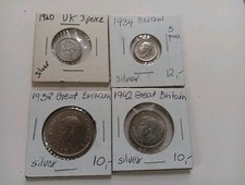 1920,1934,Great Britain  ,3pence,1938,1942  1 shilling  Silver Coins 4psc