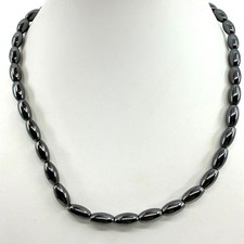 Vintage Hematite Bead Necklace Metallic Gunmetal Gray Shiny Rice Oval Strand 90s