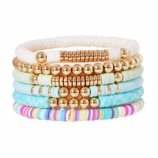 Surfer Heishi Clay Bead Bracelets for Women Bohemian Stackable Gold Plated - 01