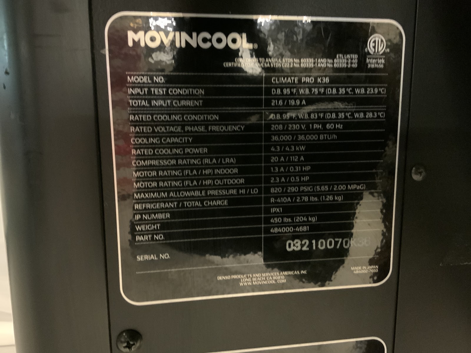 MovinCool Climate Pro K36 3-Ton Portable Air Conditioner AC w/ Condensate Pump