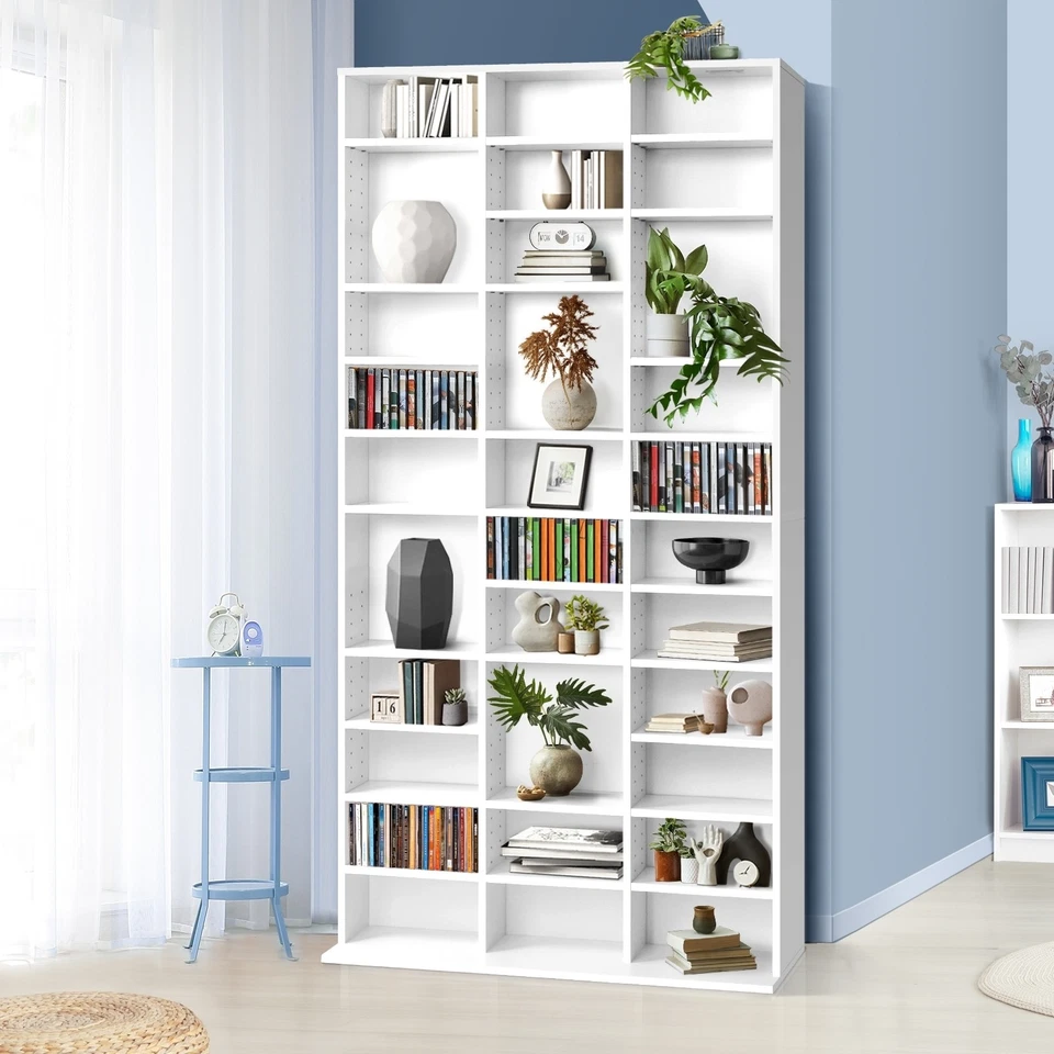 Oikiture Bookcase Bookshelf Display Shelf CD DVD Storage Media Stand Rack White