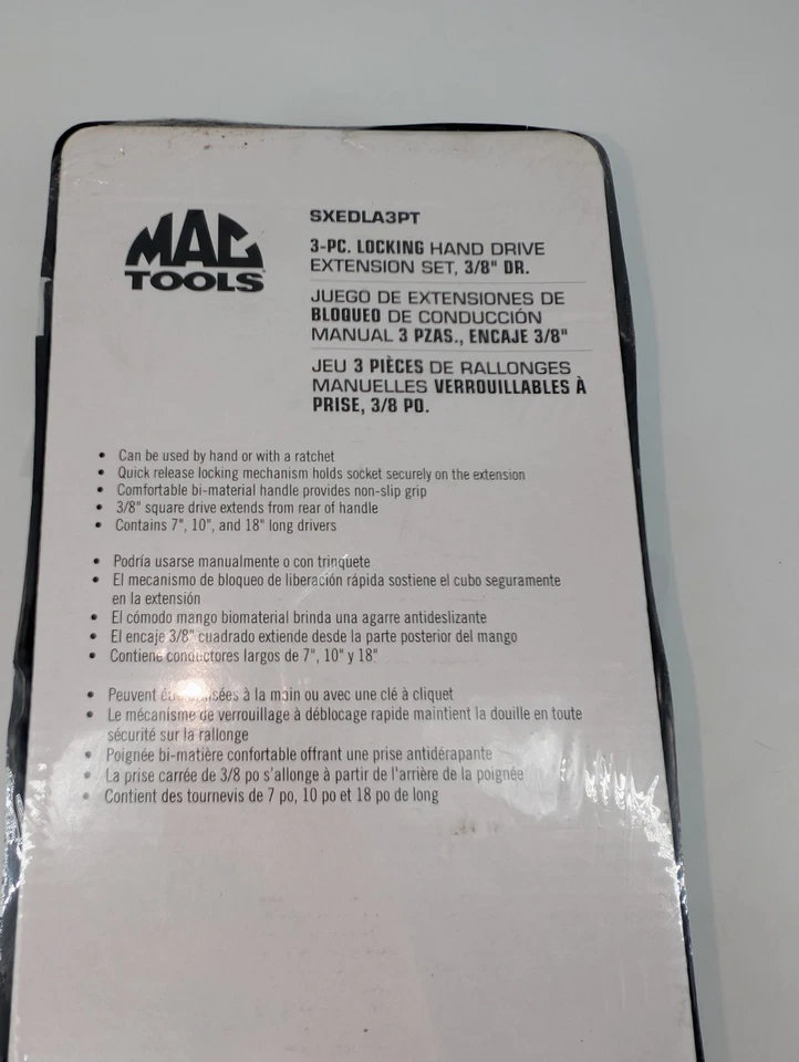  Mac Tools 3 Piece Set 3/8 Drive Locking Hand Drive Extension 7", 10", 18" - Image 4 of 4