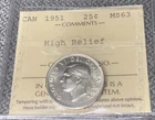 Canada George VI 1951 Silver .25 Cents **High Relief MS 63** ICCS CERT#  XZJ 067