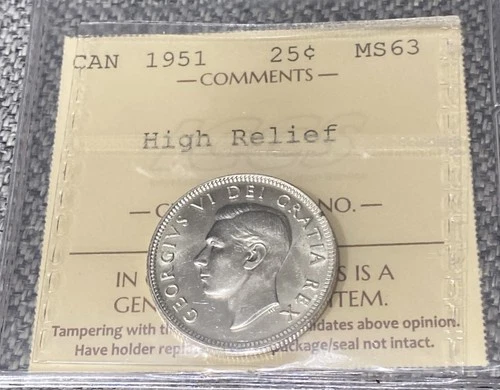 Canada George VI 1951 Silver .25 Cents **High Relief MS 63** ICCS CERT#  XZJ 067