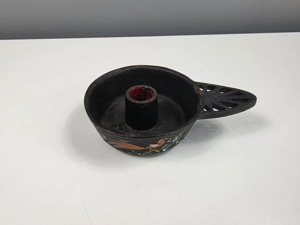 Cast Iron Candlestick Holder With Painted Bird Decoration - Some Wear - 15 cm - Image 3 of 4