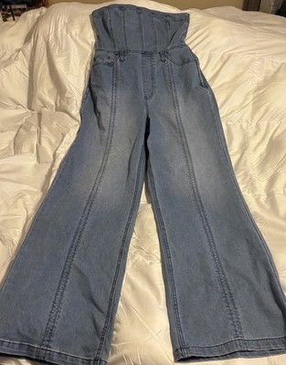 FOREVER 21 Women's Blue Denim Strapless Wide-Leg Jumpsuit Size M