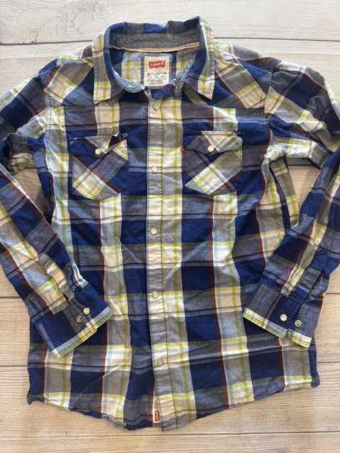 Levis Shirt Youth Extra Large XL Blue Green Plaid Long Sleeve Western Pearl Snap