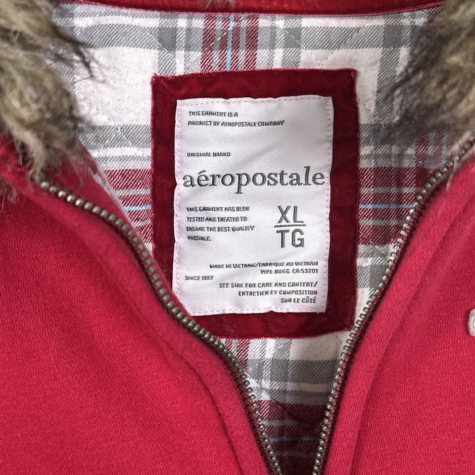 Vintage Y2K Aeropostale Faux Fur Zip Hoodie Juniors Size XL Red Jacket A87 Lined - Image 2 of 4