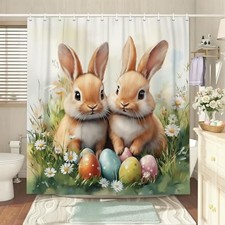 Easter Shower Curtain Happy Easter Cute Bunny Bathroom Decor Set with Green