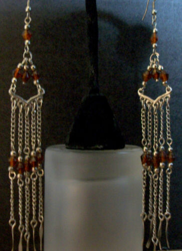 Yellow Brown Amber Bronze Dangle Chandelier Earrings Unique Handmade Long Drop A - Picture 1 of 2