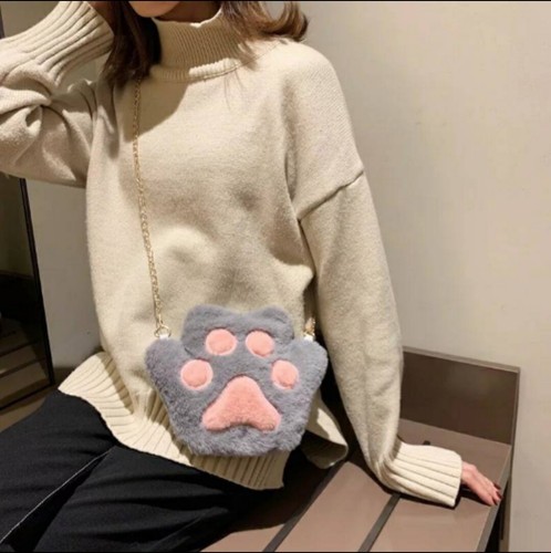 Faux Fur Cat Paw Purse Fluffy kawaii bag cross body chain zipper pocket kitten - Picture 2 of 6