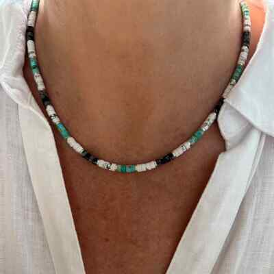 4mm White Buffalo, Blue Arizona Turquoise, & Black Obsidian Heishi Bead Necklace