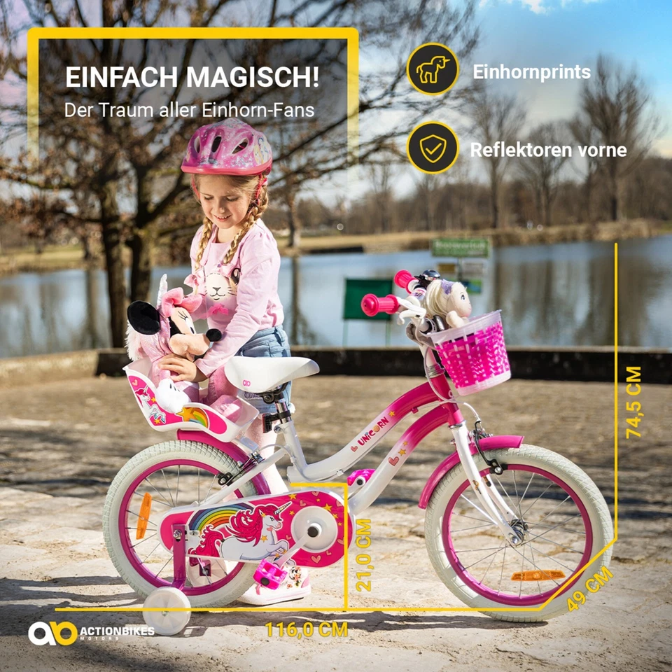 Kinderfahrrad Unicorn Kinder Mädchen Fahrrad Korb mit Stützräder pink 16 Zoll - Bild 4 von 4