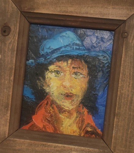 60s 70s Woman with Blue Hat Portrait, Oil Painting on Wooden Board, Original! - Picture 3 of 5