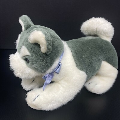 #ad Vintage 1988 Summit Corp Gray White Husky Dog Plush Stuffed Animal Bow $49.91