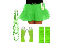 NEON 80s FANCY DRESS HEN PARTY COSTUMES SET TUTU SKIRT LEG WARMER GLOVES BEADS
