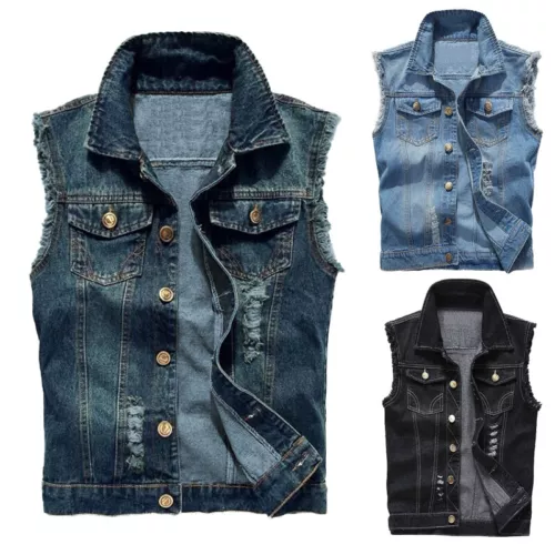 Herren Jeansweste Herbst Frühling Ärmellose Jacke Freizeit Denim Weste Cowboy - Bild 2 von 18