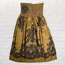 VTG VOOM by Joy Han 100% Silk Smocked Strapless Dress Size S Gold Floral Lace