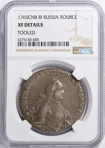 1765 Russia SPB RI ("HK" Overstrike, probably from Peter III) 1 Rouble NGC XF