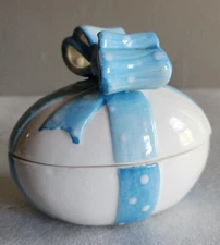 Ceramic Egg Dish With Blue Ribbon  • Trinket Box • 4" Talll 4½" Long