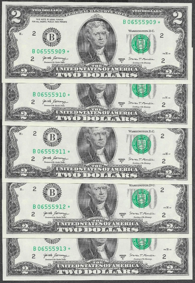 ⭐️ NEW Uncirculated Two Dollar Bill $2 Sequential Star Notes Lot of 5 ⭐️ - Image 4 of 4