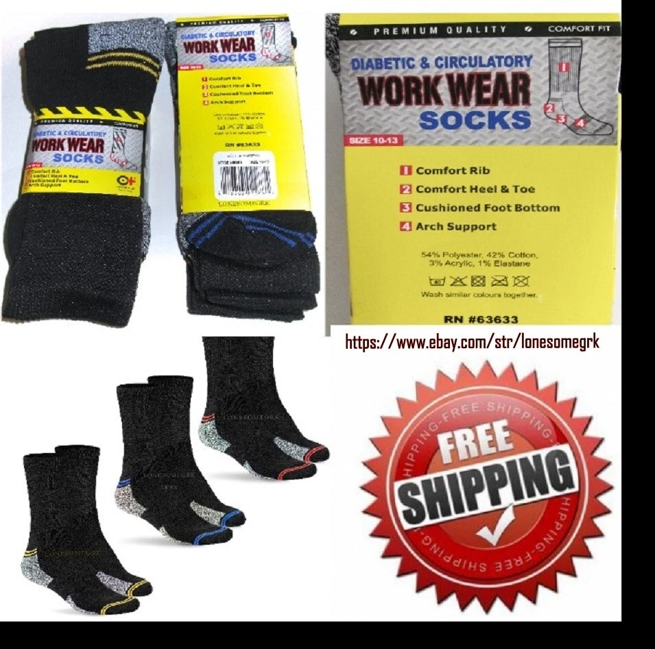 6 Pairs Mens Diabetic Top Stretch Cotton Blend Mid Calf Medical Work Crew Socks