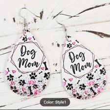 NWT "DOG MOM" Paw  Bone Print Leather Teardrop Earrings Silver Hook 3"x1.5"