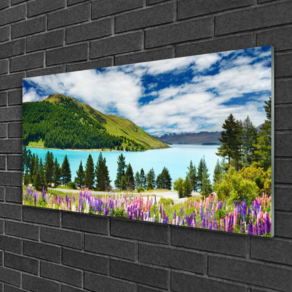 Tableau sur verre 100x50 cm - Paysage Montagnes Lac et Forêt