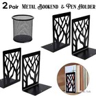 Set of 5 pcs Metal Bookends Heavy Duty Book Ends w mesh Pen Holder Desk Décor