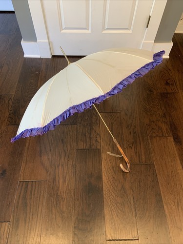 Vintage Italy Victorian White Umbrella Purple Ruffles Wood Handle Chain Holder