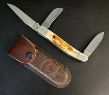 3-Blade Antler Handled 9 Inch Stock man’s Knife with Leather Sheath  - Mint!