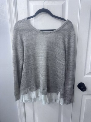 Clu + Willoughby Gray Knit Sweater W:White Layered Hem & Back Tie Detail M