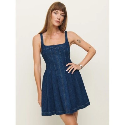 NWT!! REFORMATION Violet Denim Mini Dress Blue Smocked A-Line Skirt Size 12