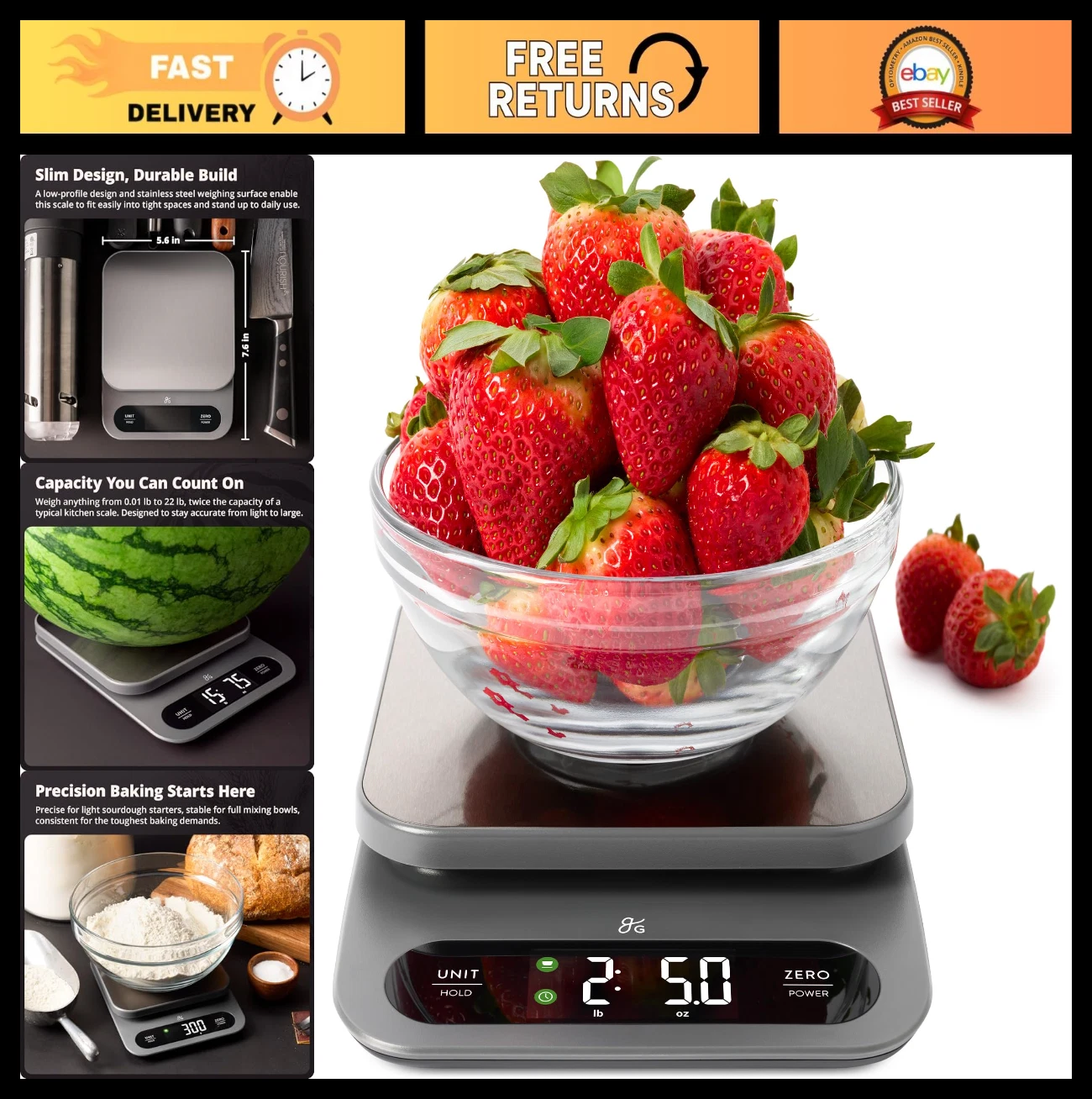 High-Capacity Digital Food Scale 10kg/22lb - 1g Precision, Stainless Steel, LCD