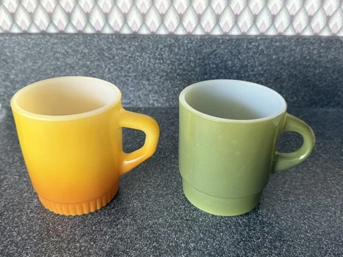 2 Vintage Fire King Anchor Hocking Stackable Coffee Cup Mugs Orange & Green HTF