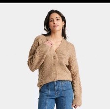Women's Cozy Knit Cable Stitch Cardigan - Universal Thread Tan Size S
