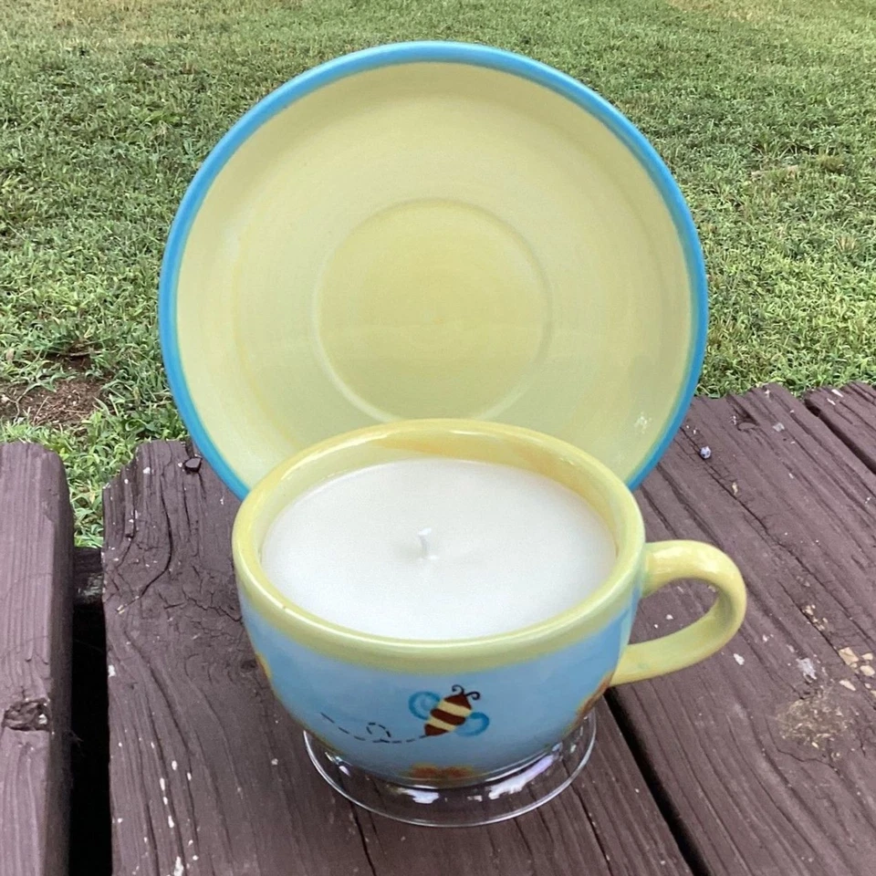 Bee Teacup Candle • Fresh Bamboo • Premium Wax • Repurposed Cup & Saucer - Image 2 of 4