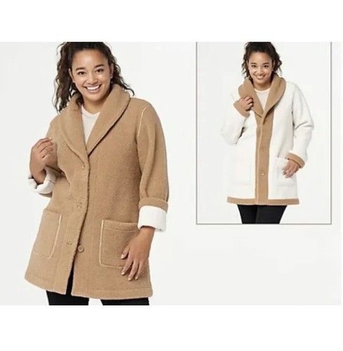 Susan Graver Weekend taupe elfenbeinfarben wendbarer Sherpa Polarfleece-Mantel neu mit Etikett Größe XL - Bild 10 von 10
