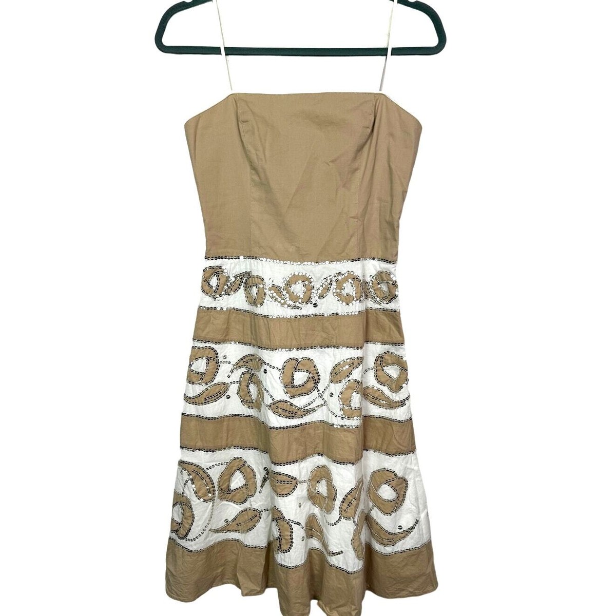 BCBGMAXAZARIA Tan and White Striped Floral Sequin Dress, Size 2