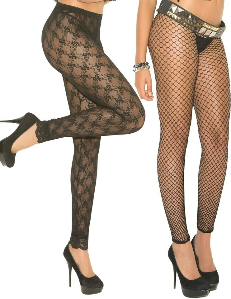 Womens Footless Tights 2-Pack Womens One Size Black Lace and Fence Net Hosiery - Image 3 of 4