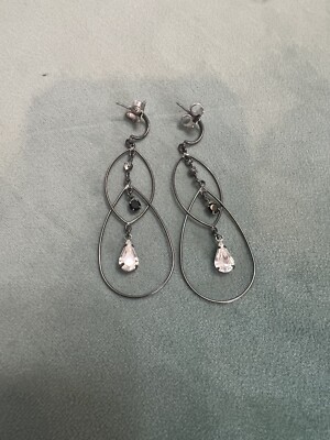 Drop/Dangle French Hook Earrings with Clear Black Gems, Graphite