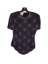 Vintage 80s Stenay Shirt Sequin Flapper ART DECO Silk Bead Party Top Small