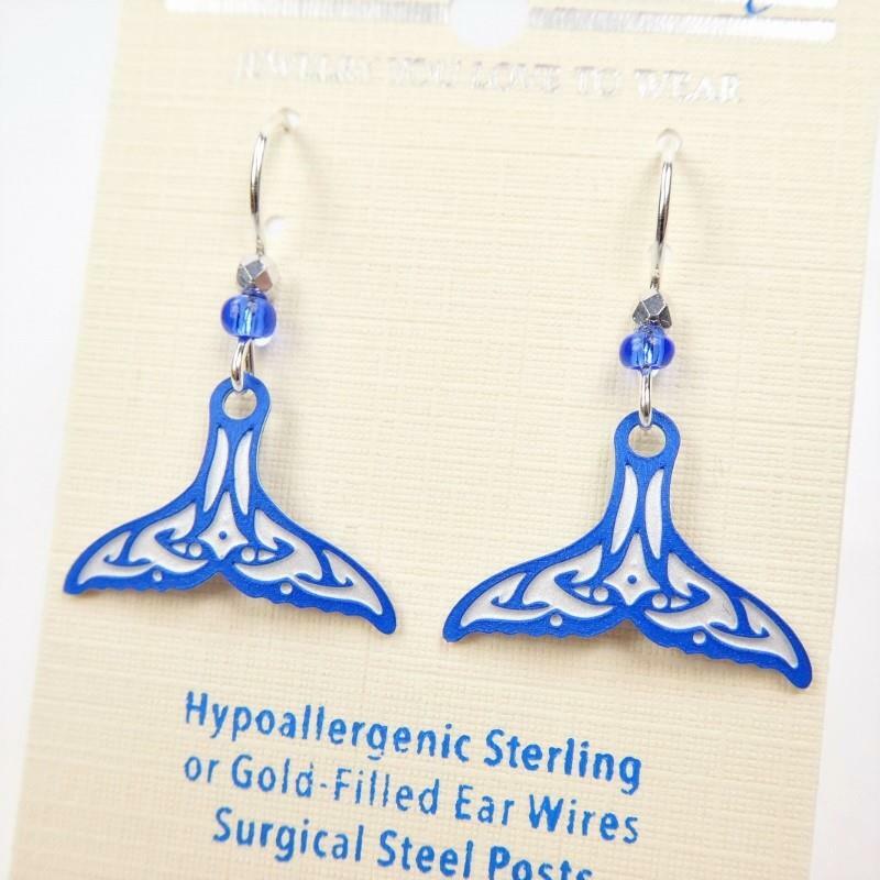 Blue & White Maori-Patterned Whale Tail Earrings Blue & White Maori-Patterned Whale Tail Earrings