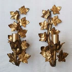 VINTAGE ITALIAN GILT TOLE PAIR WALL SCONCES LAMP LIGHT IVY FOLIAGE GILDED LEAVES