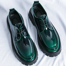 Men's Green Chunky Leather Platform Lace Up Round Toe Loafers Shoes Plus Size