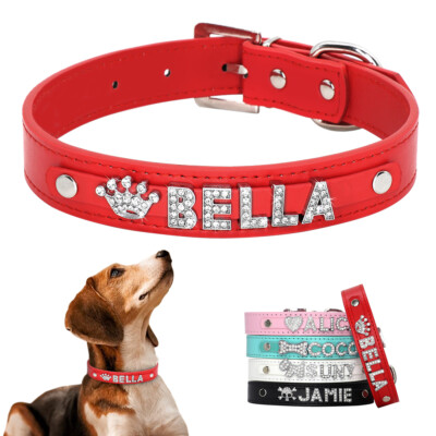 Personalized Cat Dog Leather Collar Bling Rhinestone Clear Pet Name Letter  Charm
